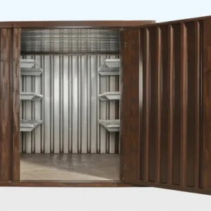 Wood-Effect Flat Pack Storage Container – 2m x 2.1m, Galvanized Steel with Double Locking System