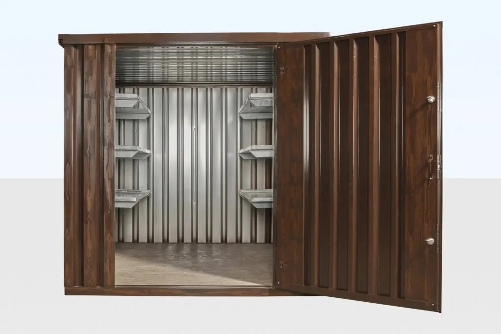 Wood-Effect Flat Pack Storage Container – 2m x 2.1m, Galvanized Steel with Double Locking System