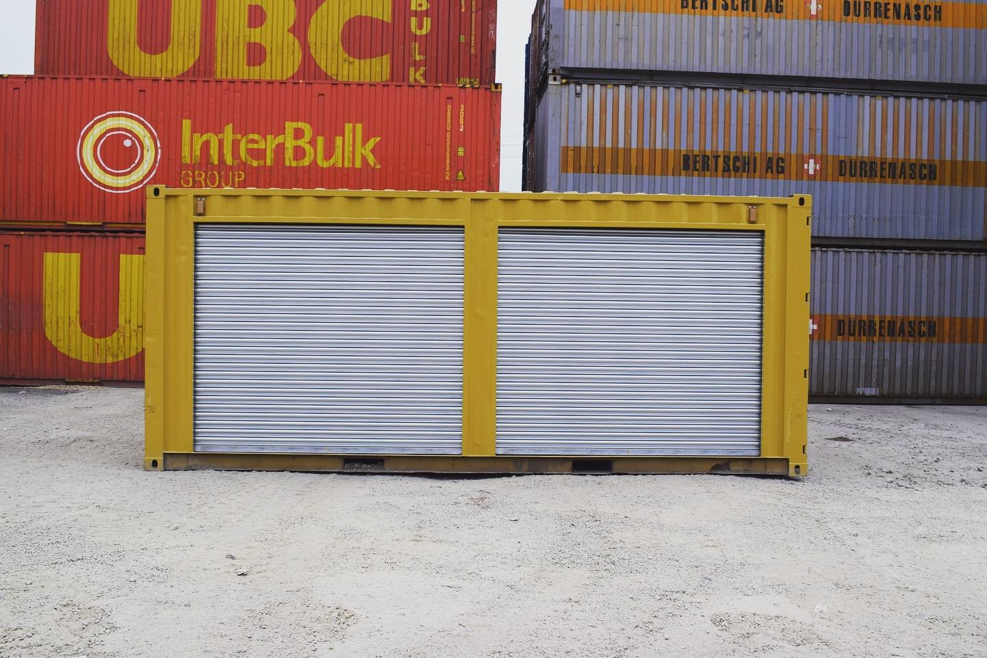 20ft Used Shipping Container with Two Side Roll-Up Doors – Yellow - Image 3