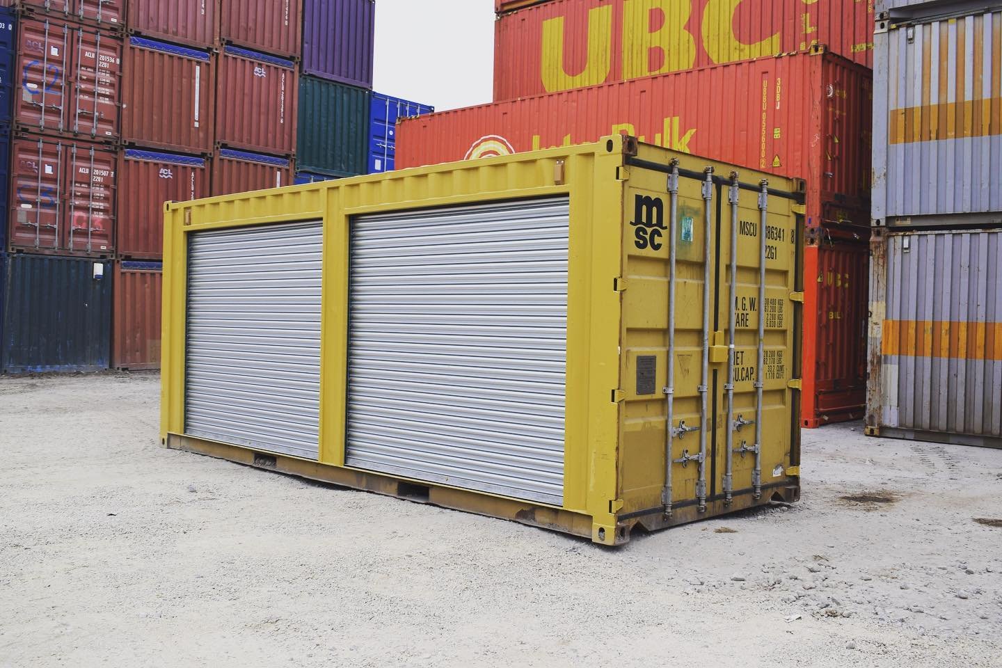 20ft Used Shipping Container with Two Side Roll-Up Doors – Yellow