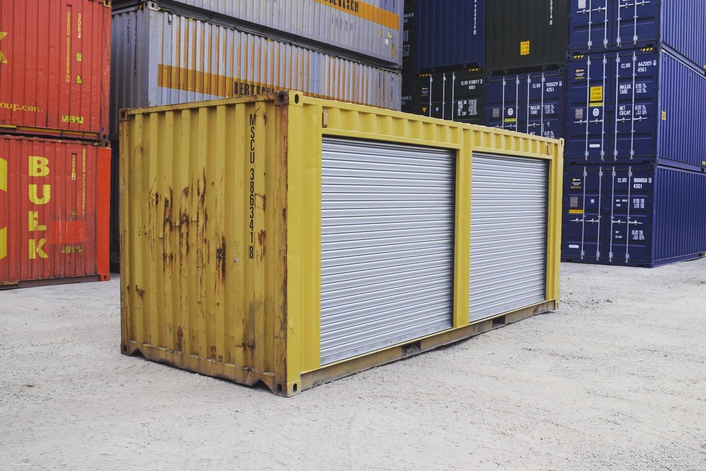 20ft Used Shipping Container with Two Side Roll-Up Doors – Yellow - Image 2